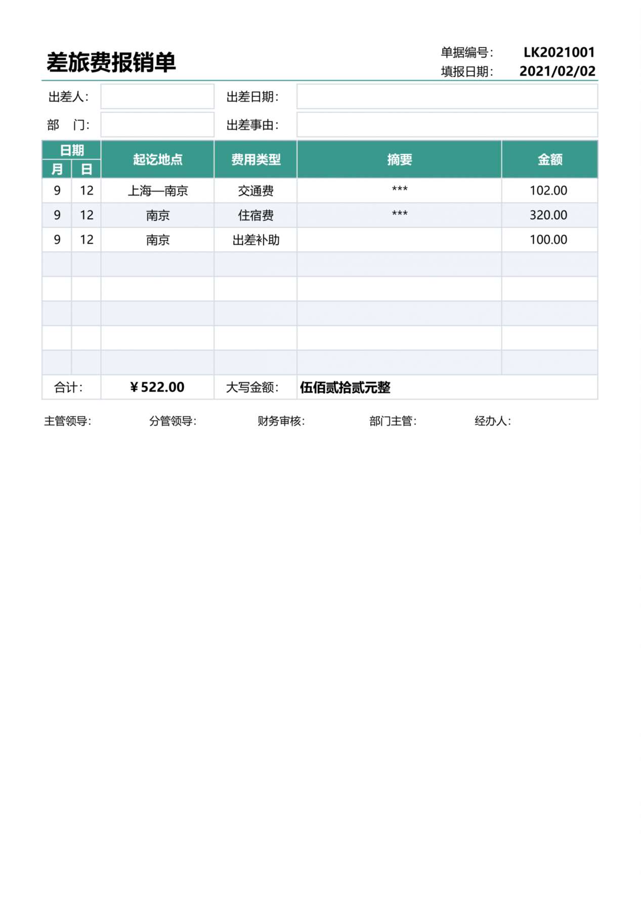 差旅费报销单 预览图