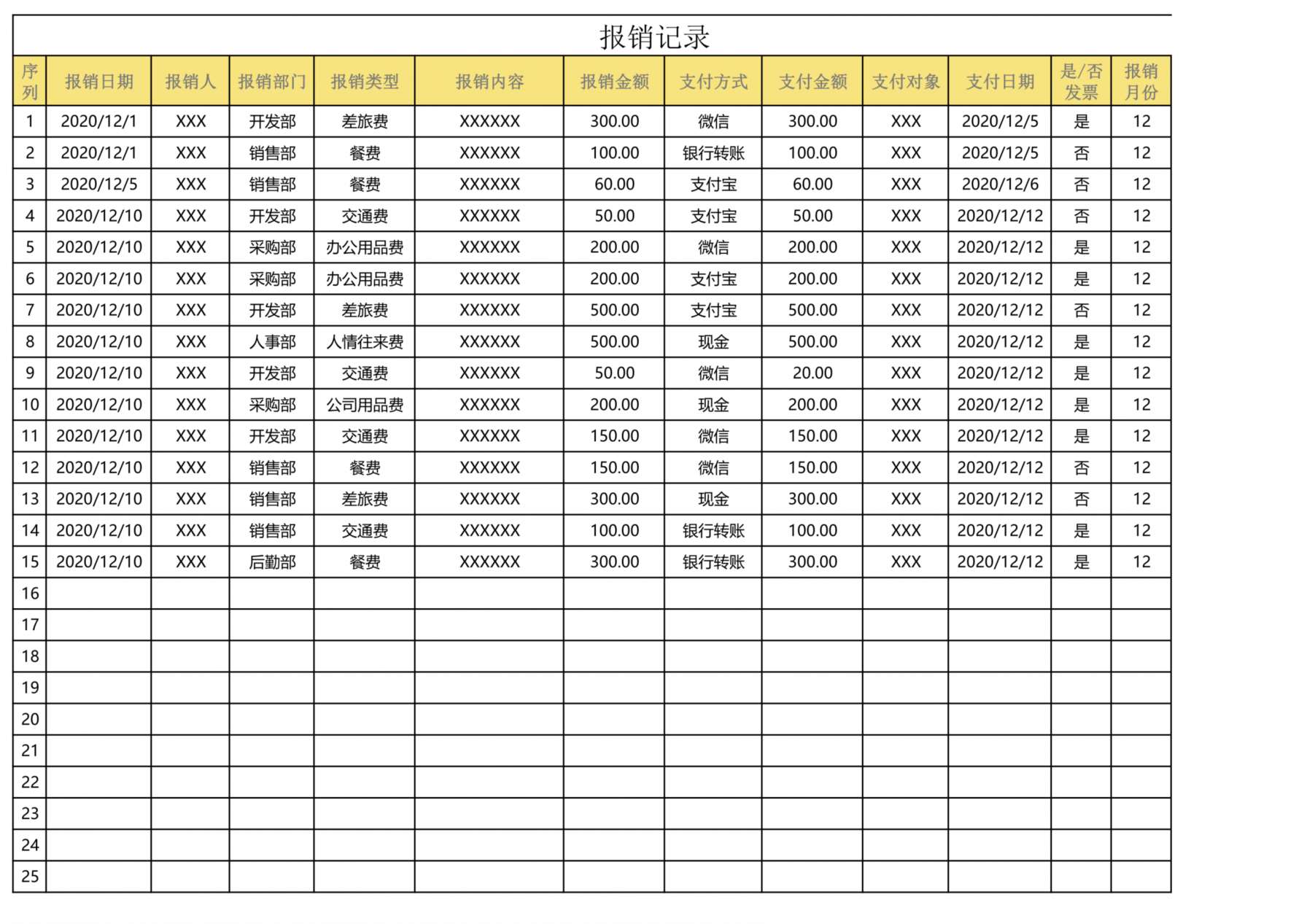 报销记录表 预览图